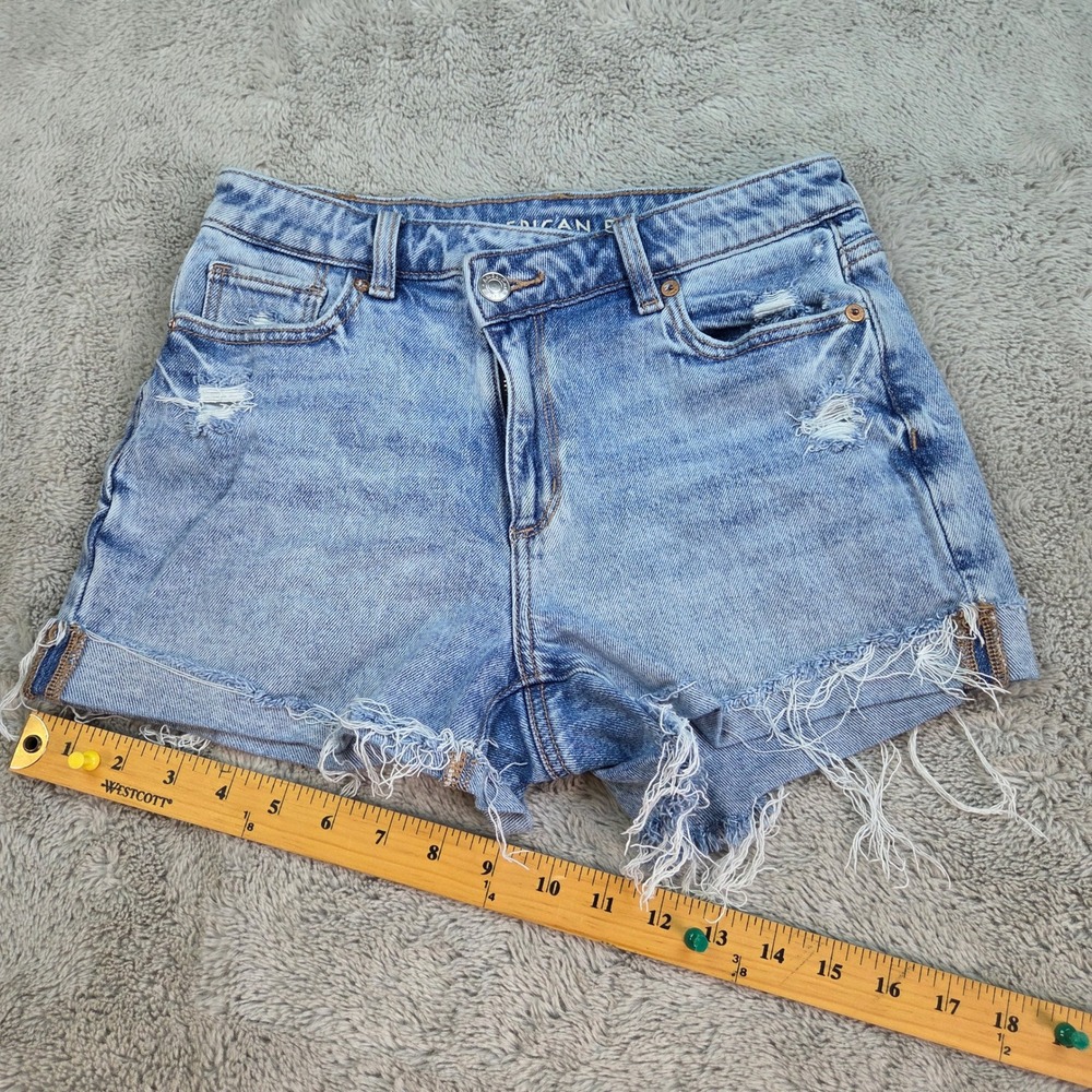 American Eagle Mom Short Womens Sz 0 Distressed High Rise Stretch Denim Blue Jns